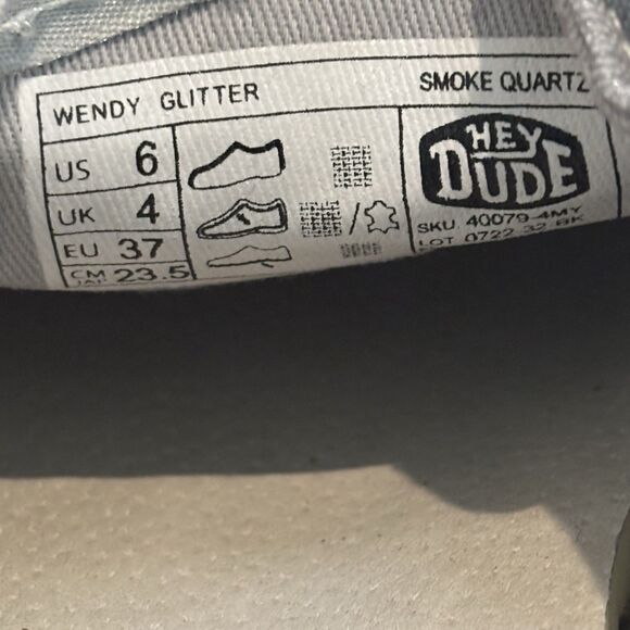 Hey Dude Wendy Glitter Sparkle Womens Size 6 Slip On Casual Shoes Smoke Quartz - Picture 8 of 8